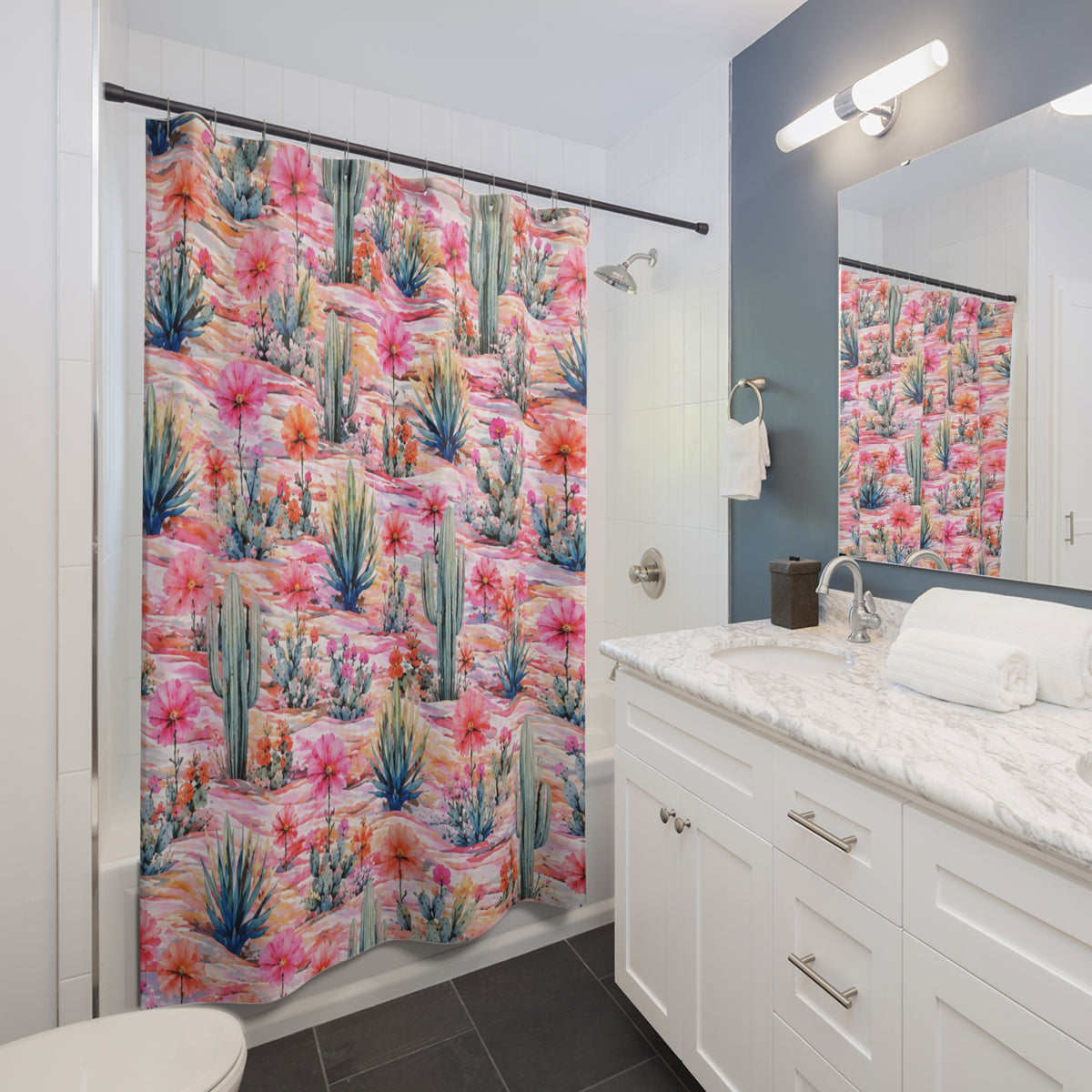 Desert Bloom Shower Curtain — Pink Cactus Floral Bathroom Decor