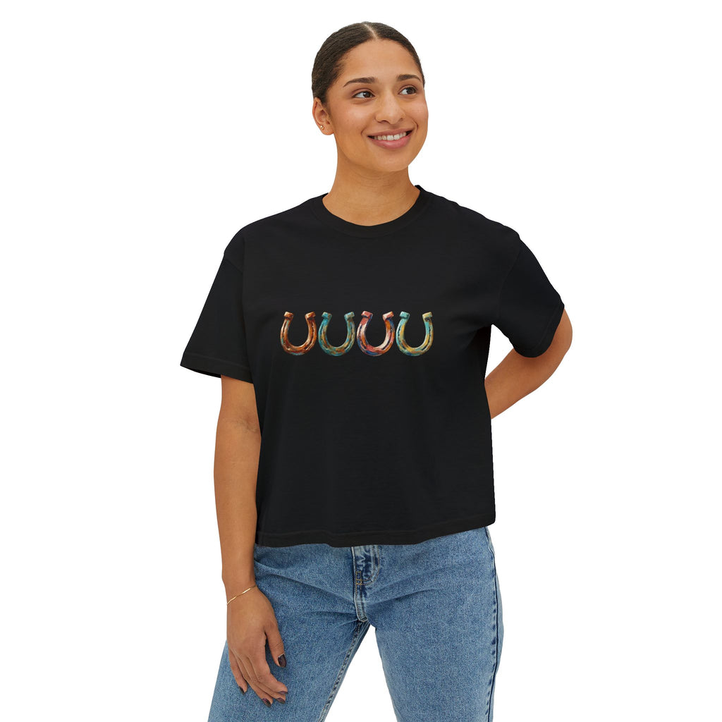 Women's Boxy Tee with Colorful Horseshoe Graphic — Lucky Western Crop Top