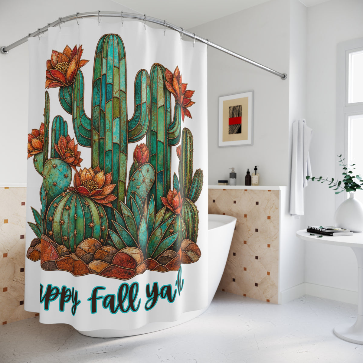 Cactus 'Happy Fall Y'all' Shower Curtain - Autumn Desert Botanical Bath Decor