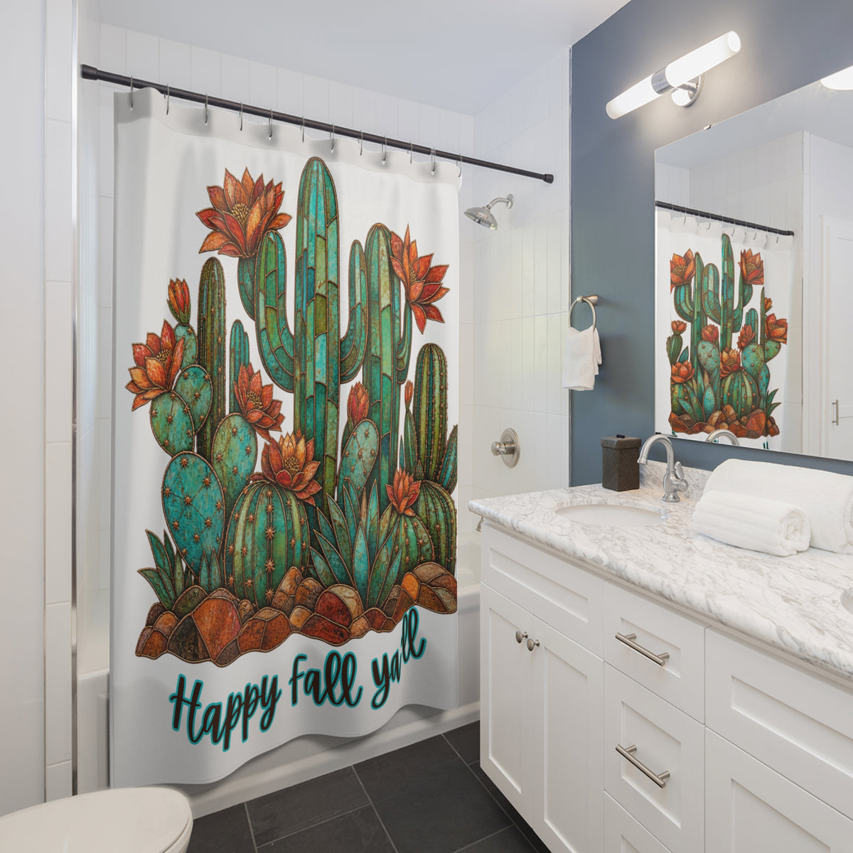 Cactus 'Happy Fall Y'all' Shower Curtain - Autumn Desert Botanical Bath Decor