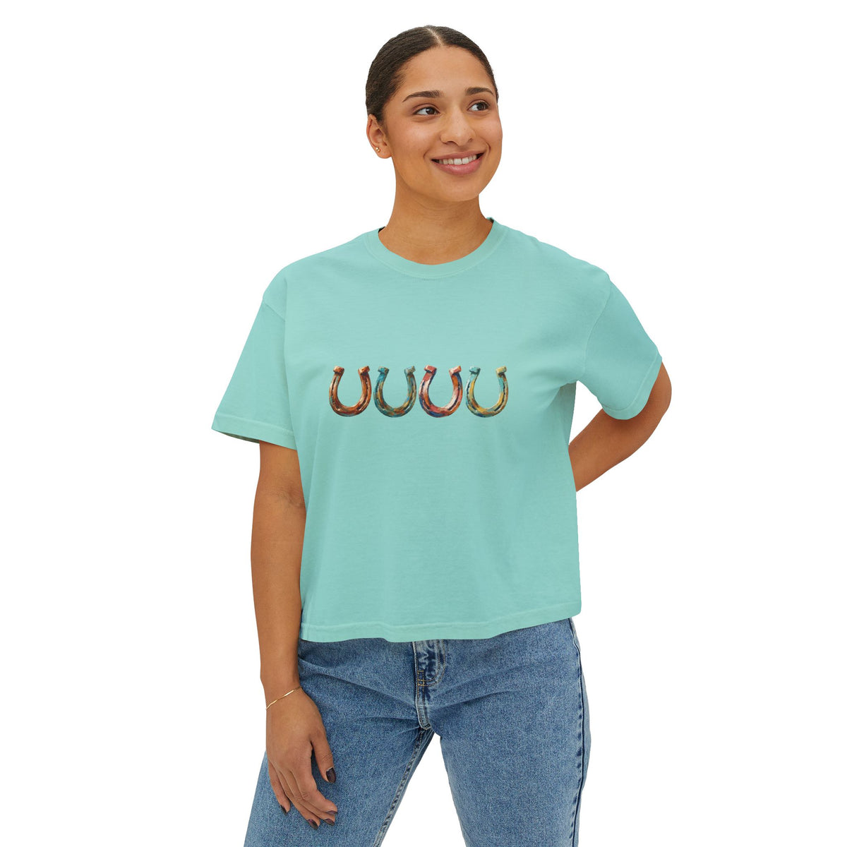Women's Boxy Tee with Colorful Horseshoe Graphic — Lucky Western Crop Top