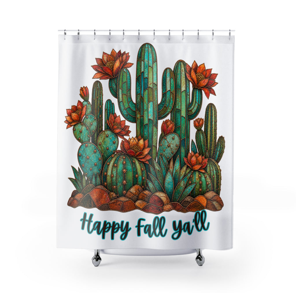 Cactus 'Happy Fall Y'all' Shower Curtain - Autumn Desert Botanical Bath Decor