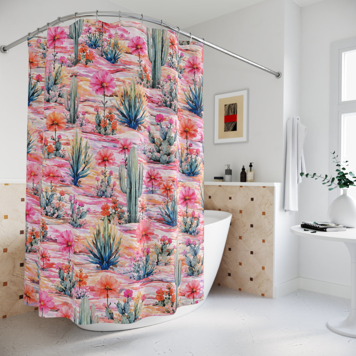 Desert Bloom Shower Curtain — Pink Cactus Floral Bathroom Decor