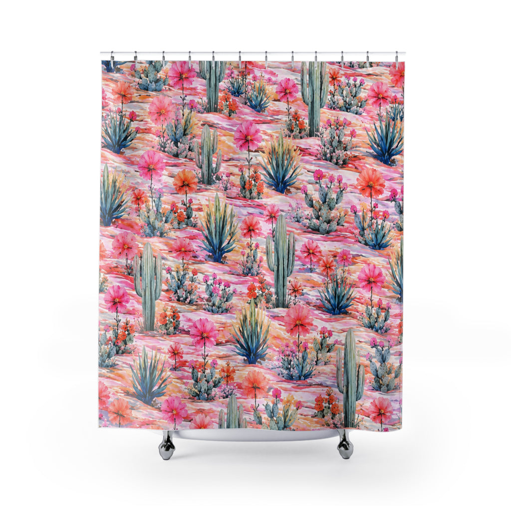 Desert Bloom Shower Curtain — Pink Cactus Floral Bathroom Decor